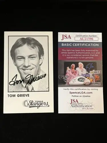 Autographed Tom Grieve baseball card with JSA certification for Texas Rangers fans
