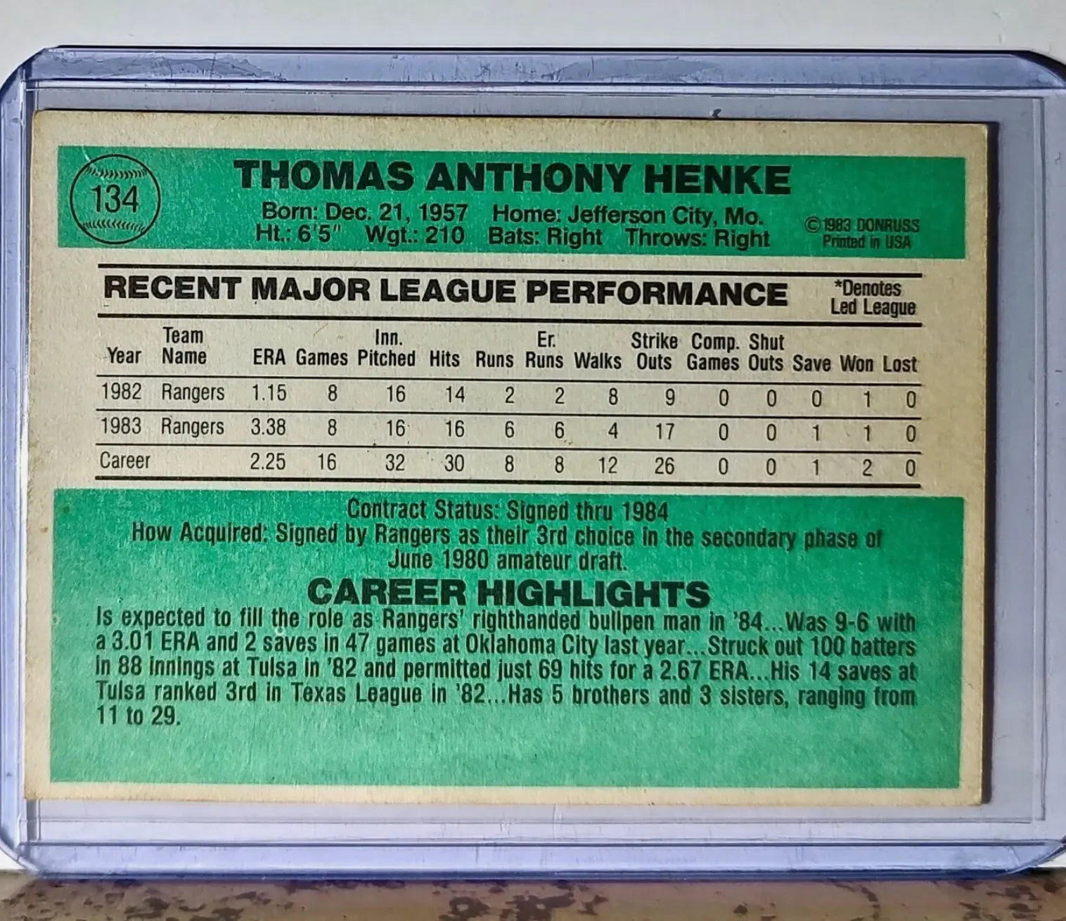 Tom Henke 1984 Donruss MLB #134 Baseball Card Texas Rangers
