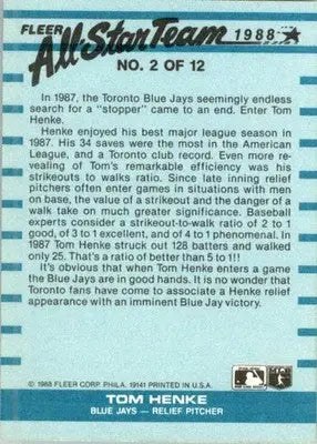 Tom Henke - 1988 Fleer - #2 - All-Star Team Baseball - Baseball Card Single