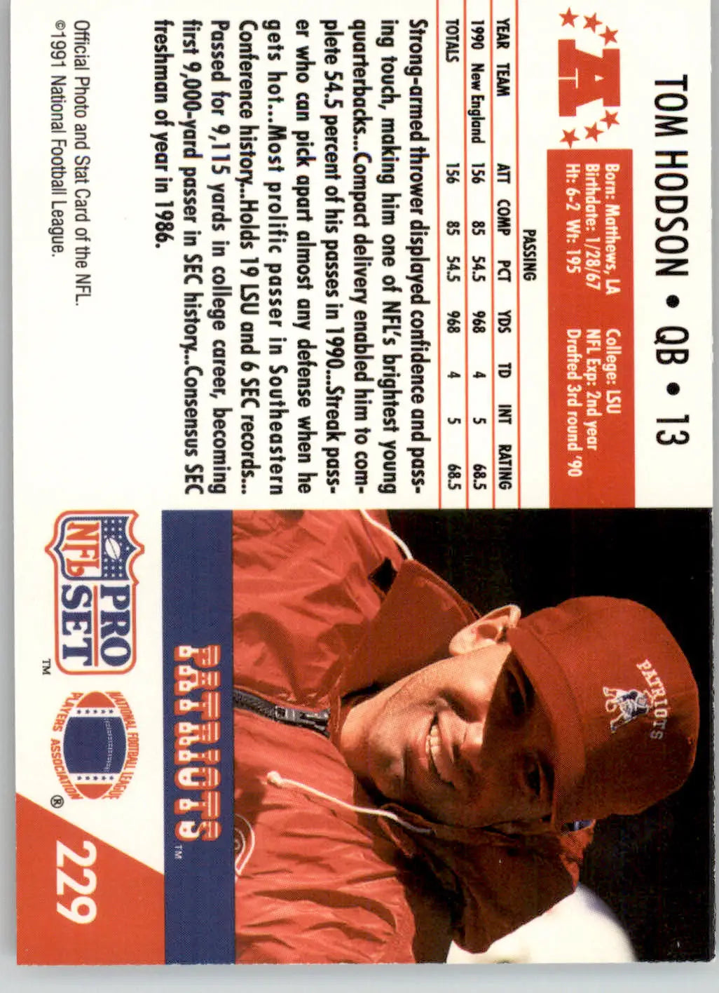 Tom Hodson - 1991 Pro Set - #229 - Football - Football Card Single