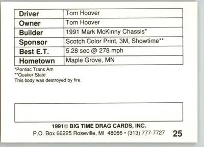 Tom Hoover - 1991 Big Time Drag - #25 - Racing - Racing Card Single
