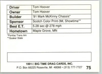 Tom Hoover - 1991 Big Time Drag - #75 - Racing - Racing Card Single