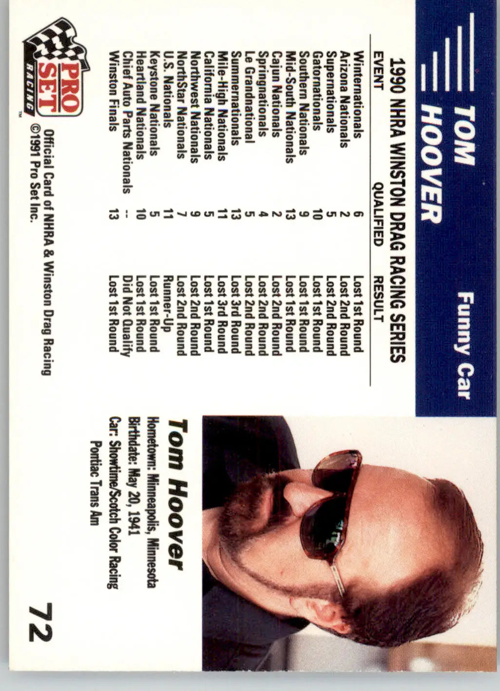 Tom Hoover’s Car - 1991 Pro Set NHRA - #72 - Racing - Racing Card Single