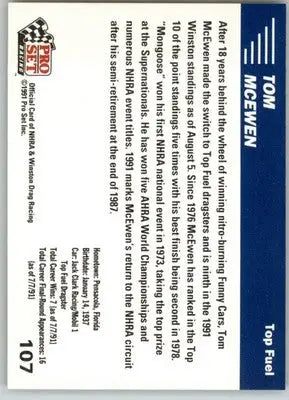Tom McEwen - 1991 Pro Set NHRA - #107 - Racing - Racing Card Single