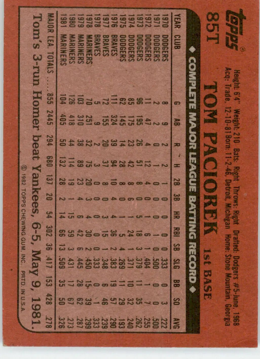Tom Paciorek - 1982 Topps Traded - #85T - Baseball