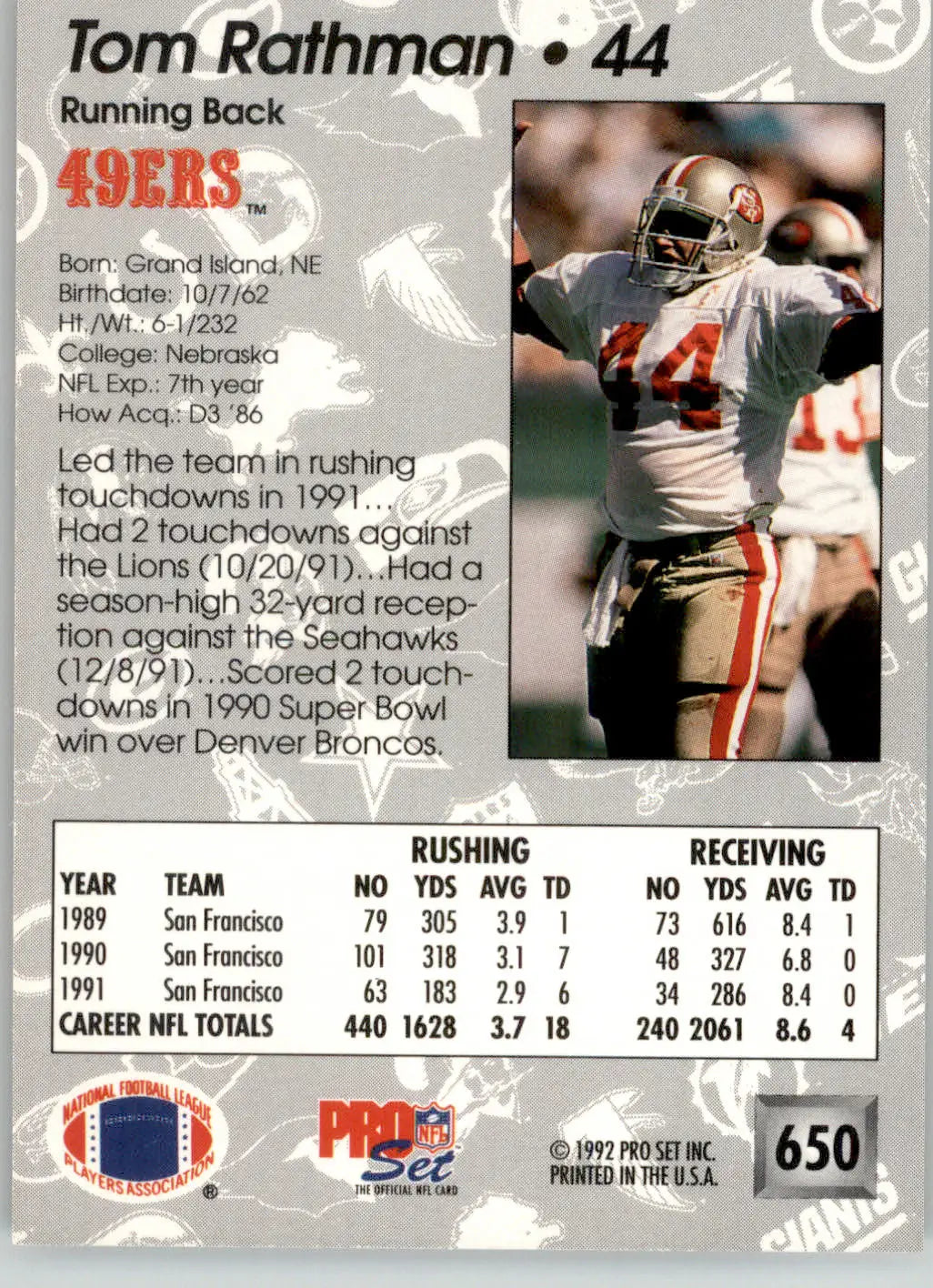 Tom Rathman - 1992 Pro Set - #650 - Football - Football Card Single