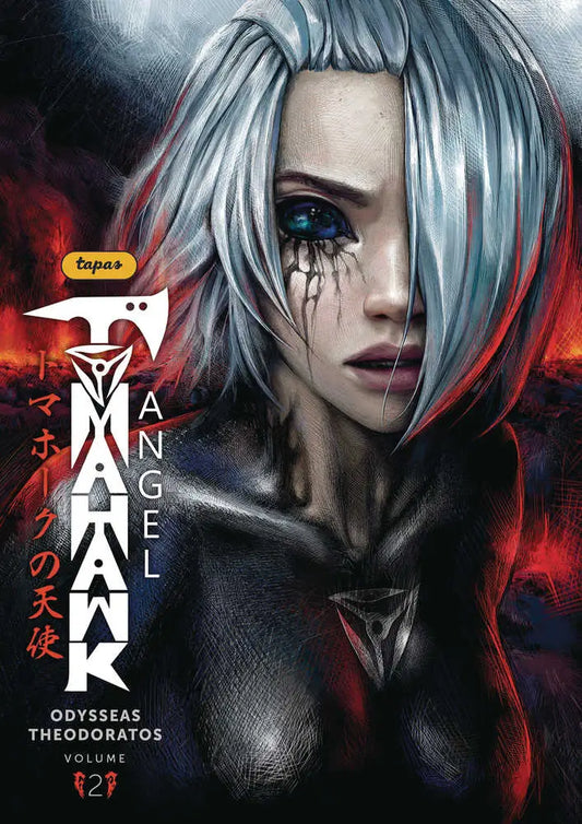 Comic book cover of Tomahawk Angel TPB Volume 2 featuring a woman with white hair and glowing blue eyes