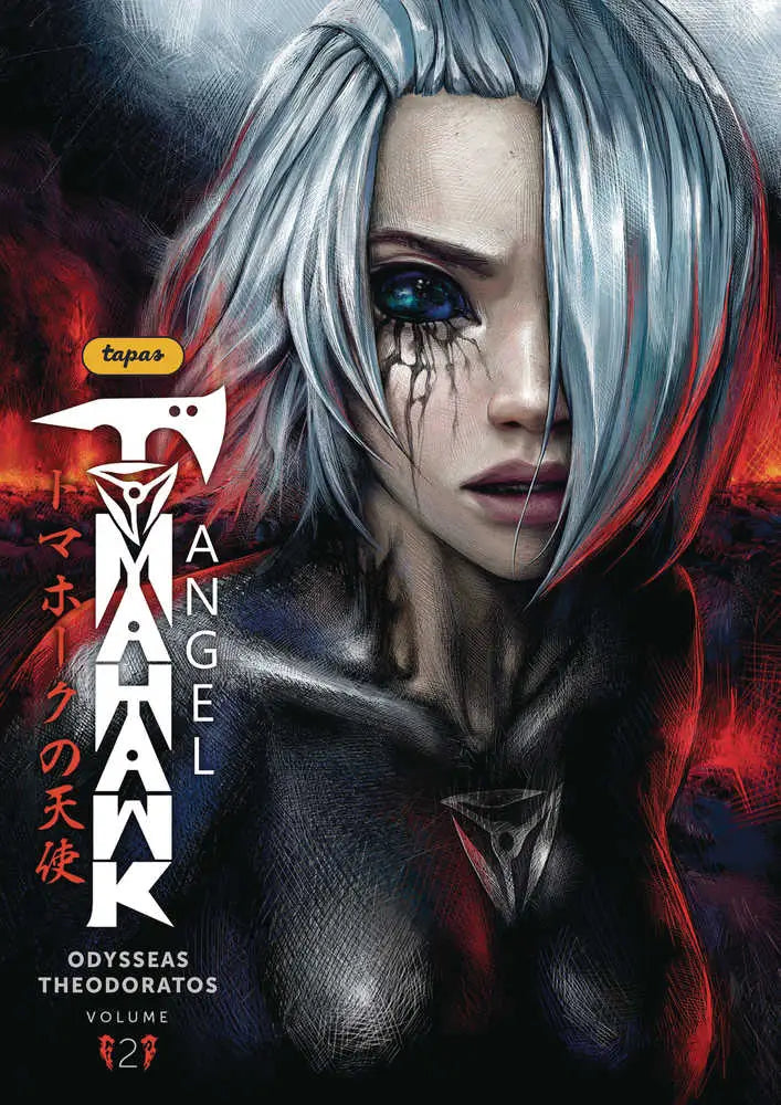 Comic book cover of Tomahawk Angel TPB Volume 2 featuring a woman with white hair and glowing blue eyes