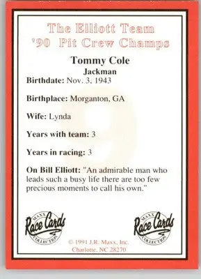 Tommy Cole - 1991 Maxx The Bill Elliott Team - #NNO - Racing - Racing Card Single