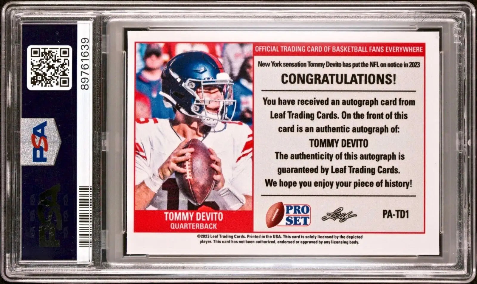Tommy Devito 2023 Leaf NFL Rookie Autographed #PA-TD1 Card 116 of 246 PSA 9 MINT - Football Card Single