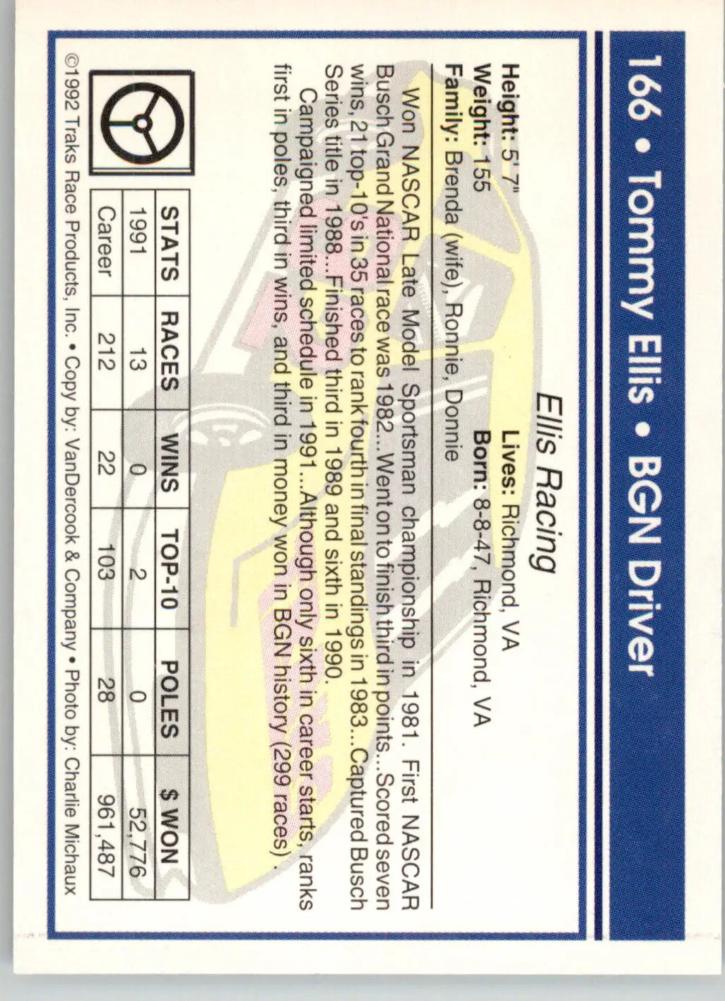 Tommy Ellis - 1992 Traks - #166 - Racing - Racing Card Single