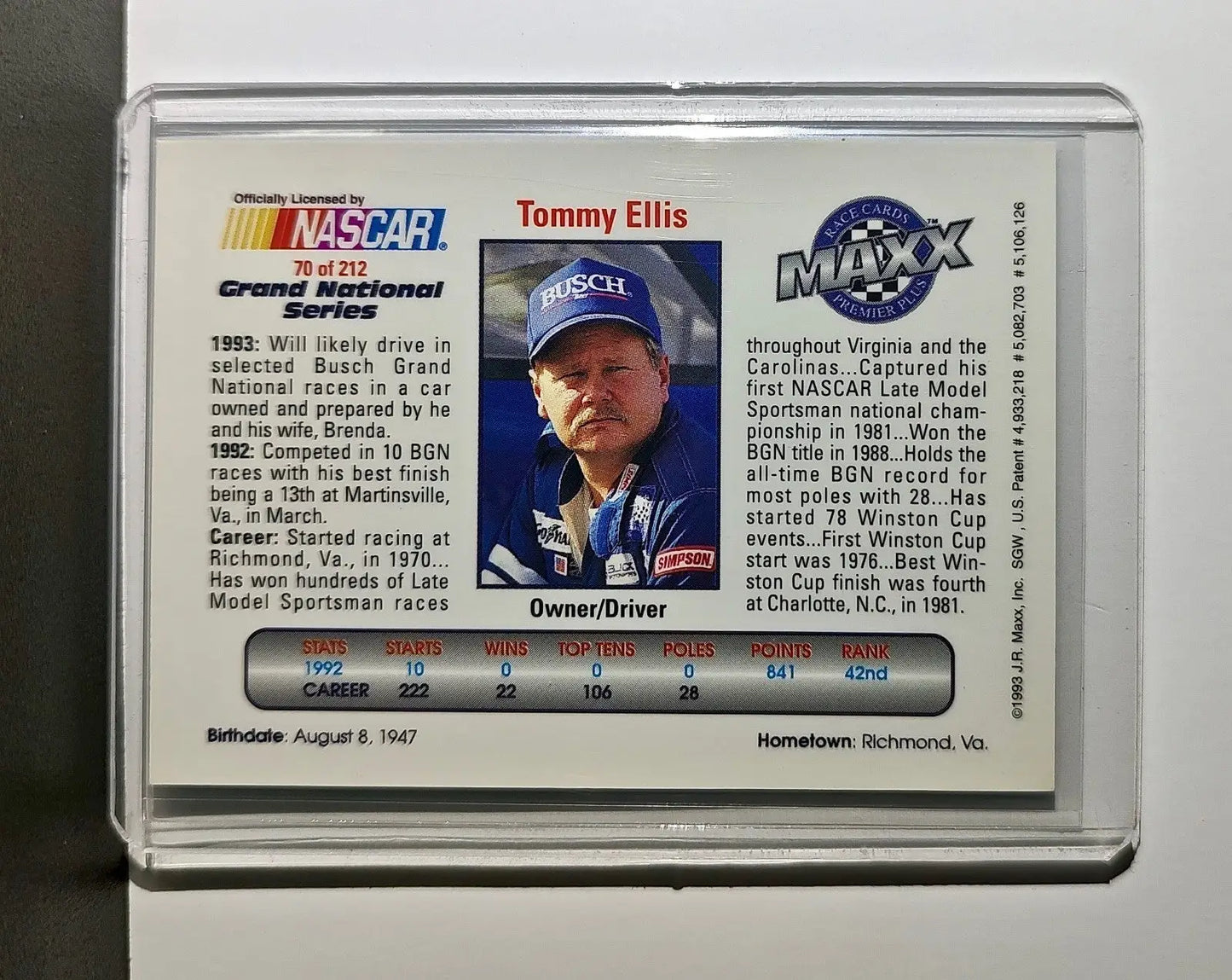 Tommy Ellis 1993 Maxx Premier Plus Racing #70 NASCAR Card Ellis Racing - Racing Card Single