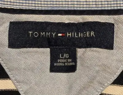 Tommy Hilfiger Polo Mens L Black White Stripe Short Sleeve Classic Logo Casual - Apparel