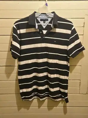 Tommy Hilfiger Polo Mens L Black White Stripe Short Sleeve Classic Logo Casual - Apparel