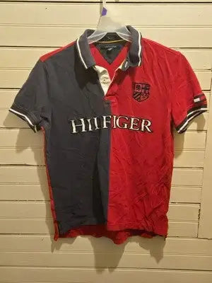 Tommy Hilfiger Polo Mens L Red Navy Split Front Crest Embroidered Short Sleeve - Apparel