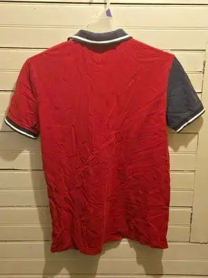 Tommy Hilfiger Polo Mens L Red Navy Split Front Crest Embroidered Short Sleeve - Apparel