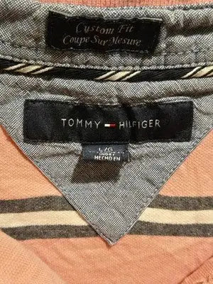 Tommy Hilfiger Polo Shirt Mens L Pink Striped Short Sleeve Custom Fit Collared - Apparel