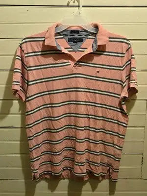 Tommy Hilfiger Polo Shirt Mens L Pink Striped Short Sleeve Custom Fit Collared - Apparel