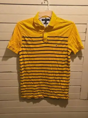 Tommy Hilfiger Polo Shirt Mens S Yellow Navy Striped Short Sleeve Regular Fit - Apparel