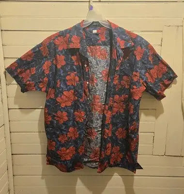 Tommy Hilfiger Shirt Mens Red Blue Floral Hawaiian Short Sleeve Cotton Resort - Apparel