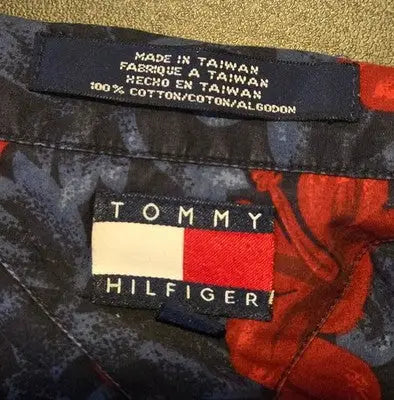 Tommy Hilfiger Shirt Mens Red Blue Floral Hawaiian Short Sleeve Cotton Resort - Apparel