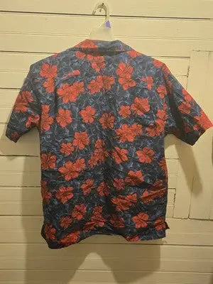 Tommy Hilfiger Shirt Mens Red Blue Floral Hawaiian Short Sleeve Cotton Resort - Apparel