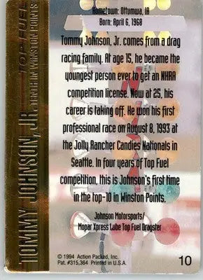 Tommy Johnson Jr. - 1994 Action Packed NHRA - #10 - Racing - Racing Card Single