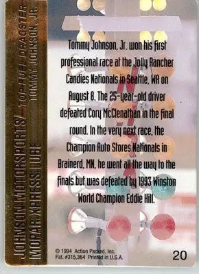 Tommy Johnson Jr. - 1994 Action Packed NHRA - #20 - Racing - Racing Card Single