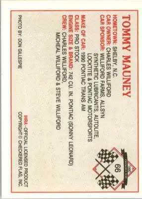 Tommy Mauney - 1990 Checkered Flag IHRA - #66 - Racing - Racing Card Single