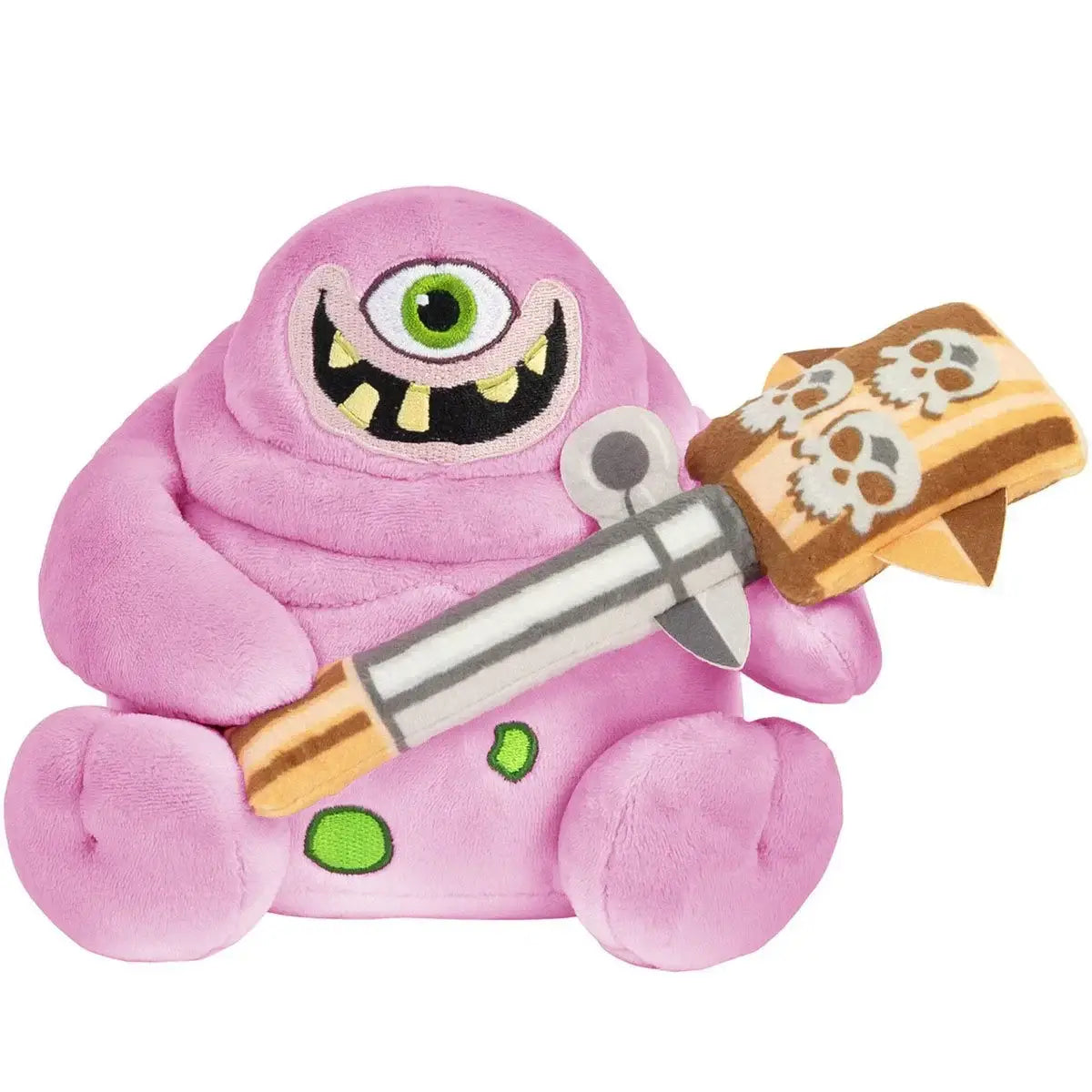 Pink one-eyed Warhammer Plush Nurgling holding staff with skull book for Tomy product