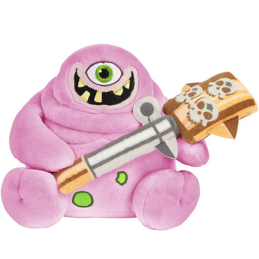 Pink one-eyed Warhammer Plush Nurgling holding staff with skull book for Tomy product
