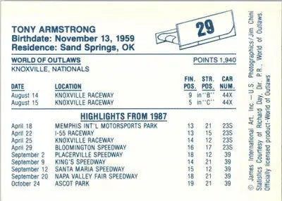 Tony Armstrong - 1987 World of Outlaws - #29 - Racing - Racing Card Single