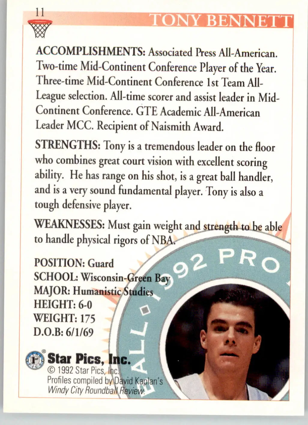 Tony Bennett - 1992 Star Pics - #11 - Basketball - Basketball Card Single
