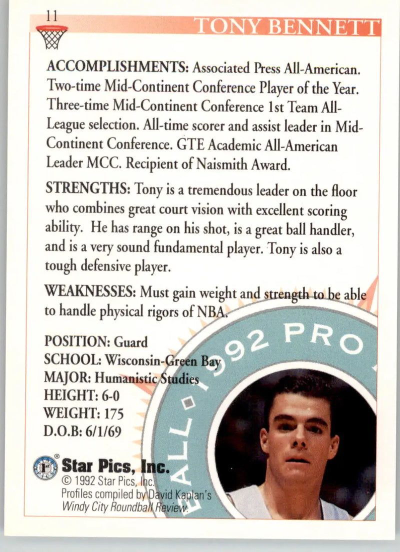 Tony Bennett - 1992 Star Pics - #11 - Basketball - Basketball Card Single
