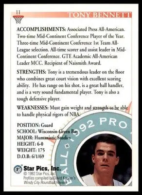 Tony Bennett 1992 Star Pics #11 UW-Green Bay Phoenix - Basketball Card Single