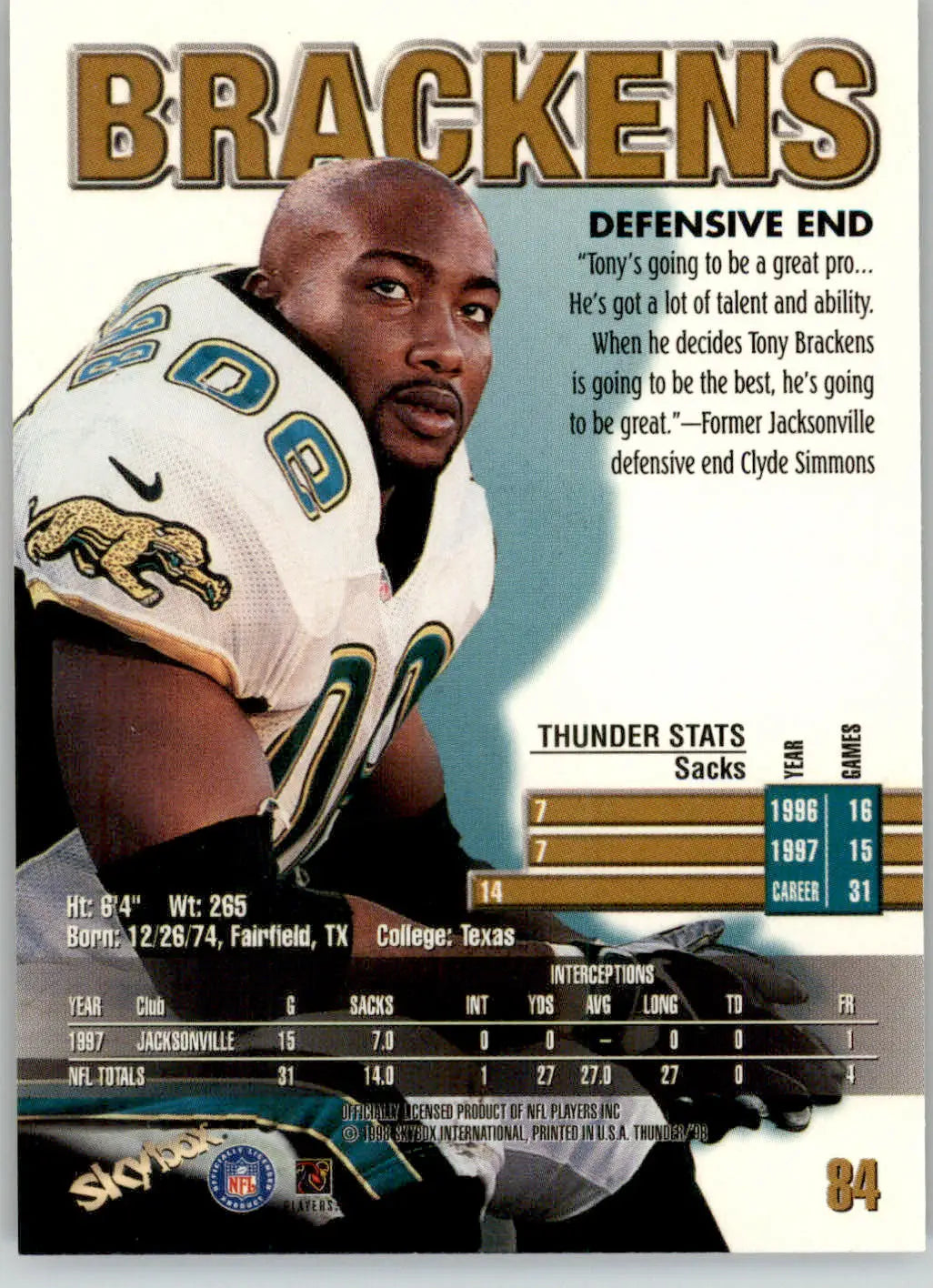 Tony Brackens - 1998 SkyBox Thunder - #84 - Football