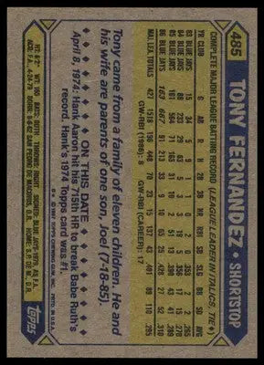 Tony Fernandez 1987 Topps #485 Toronto Blue Jays - Baseball Card Single