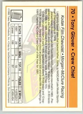 Tony Glover - 1992 Traks - #70 - Racing - Racing Card Single