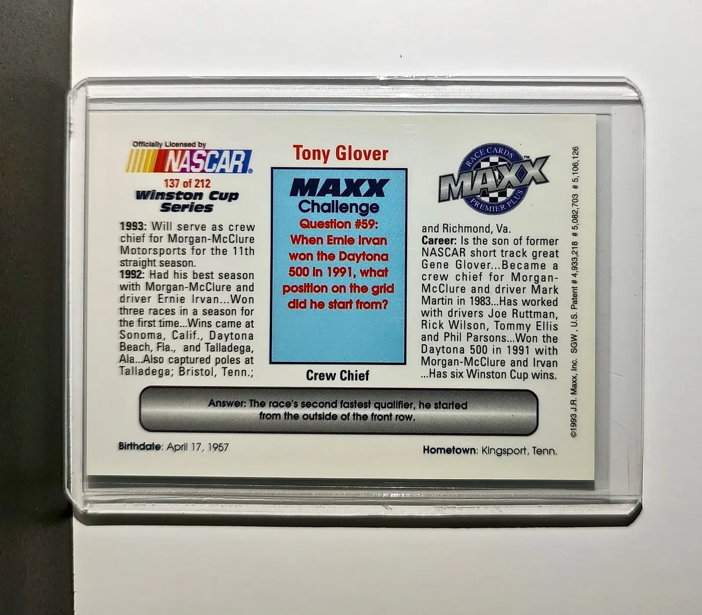 Tony Glover 1993 Maxx Premier Plus Racing #137 NASCAR Card Morgan-McClure