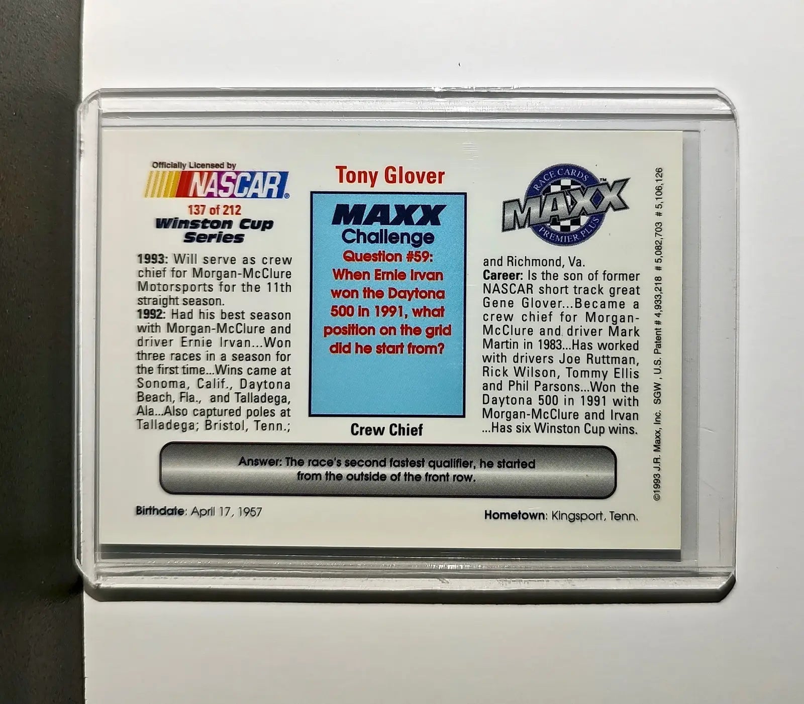 Tony Glover 1993 Maxx Premier Plus Racing #137 NASCAR Card Morgan-McClure