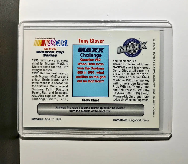 Tony Glover 1993 Maxx Premier Plus Racing #137 NASCAR Card Morgan-McClure