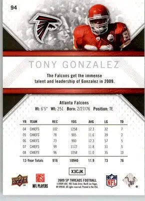 Tony Gonzalez - 2009 SP Threads - #94 - Football - Football Card Single
