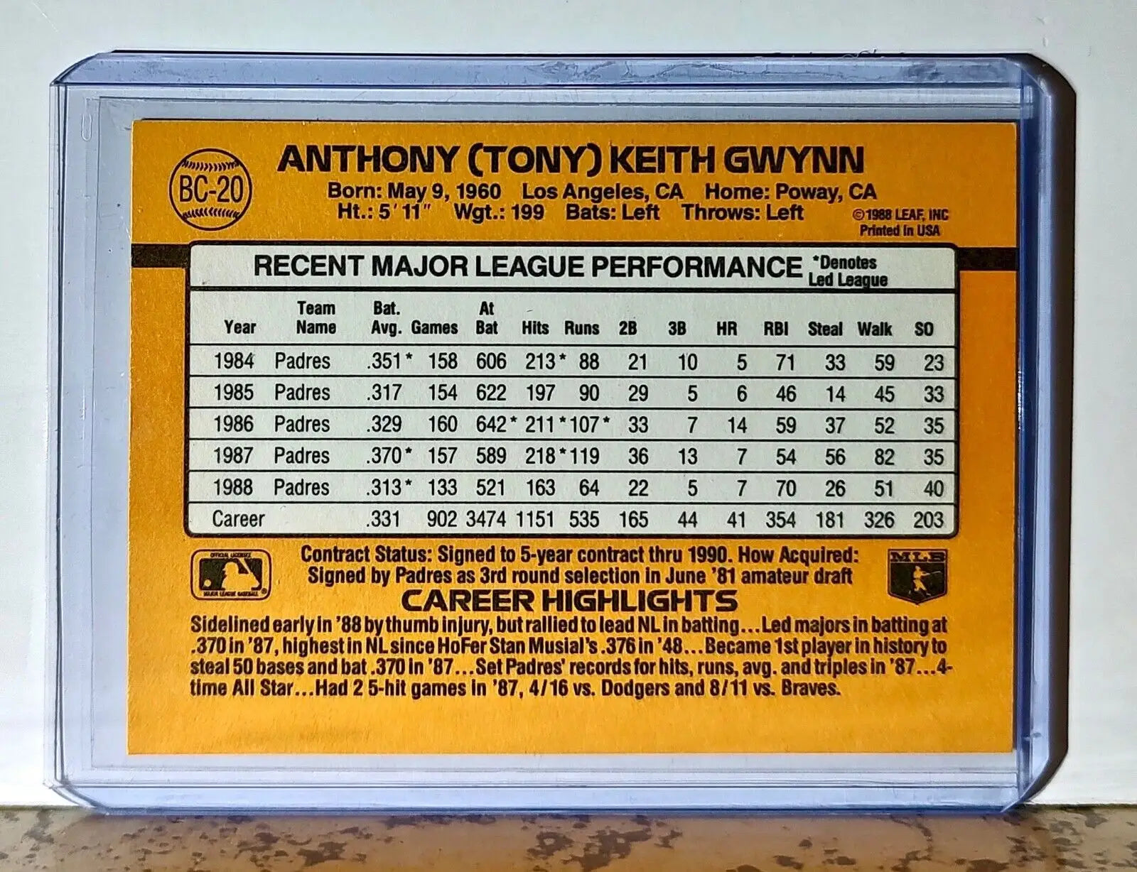 Tony Gwynn 1989 Donruss MVP MLB #BC-20 Baseball Card San Diego Padres