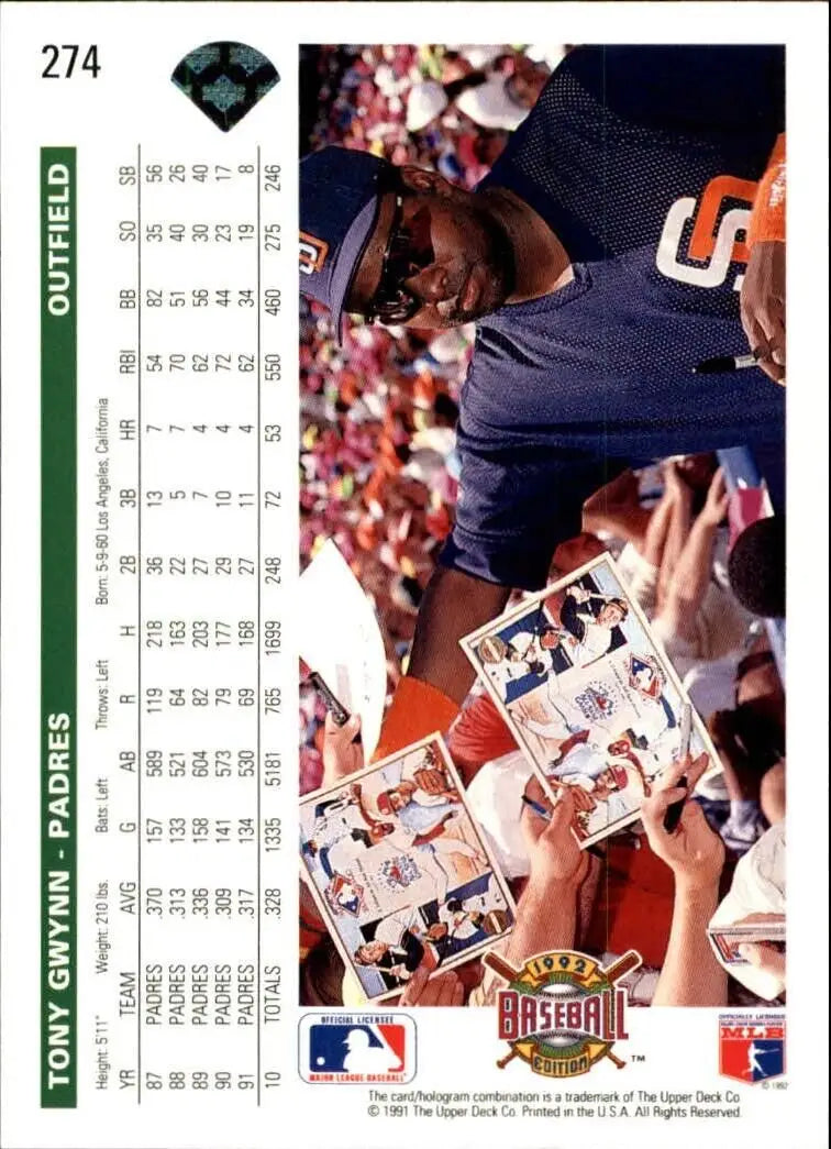 Tony Gwynn 1992 Upper Deck MLB #274 Baseball Card San Diego Padres - Baseball Card Single