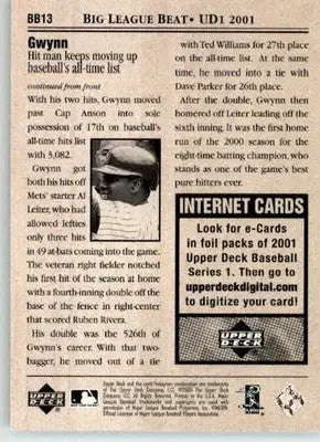 Tony Gwynn - 2001 Upper Deck - #BB13 - Big League Beat Baseball - Baseball Card Single