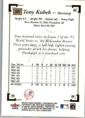 Tony Kubek - 2002 Fleer Fall Classic - #88 - Baseball - Baseball Card Single