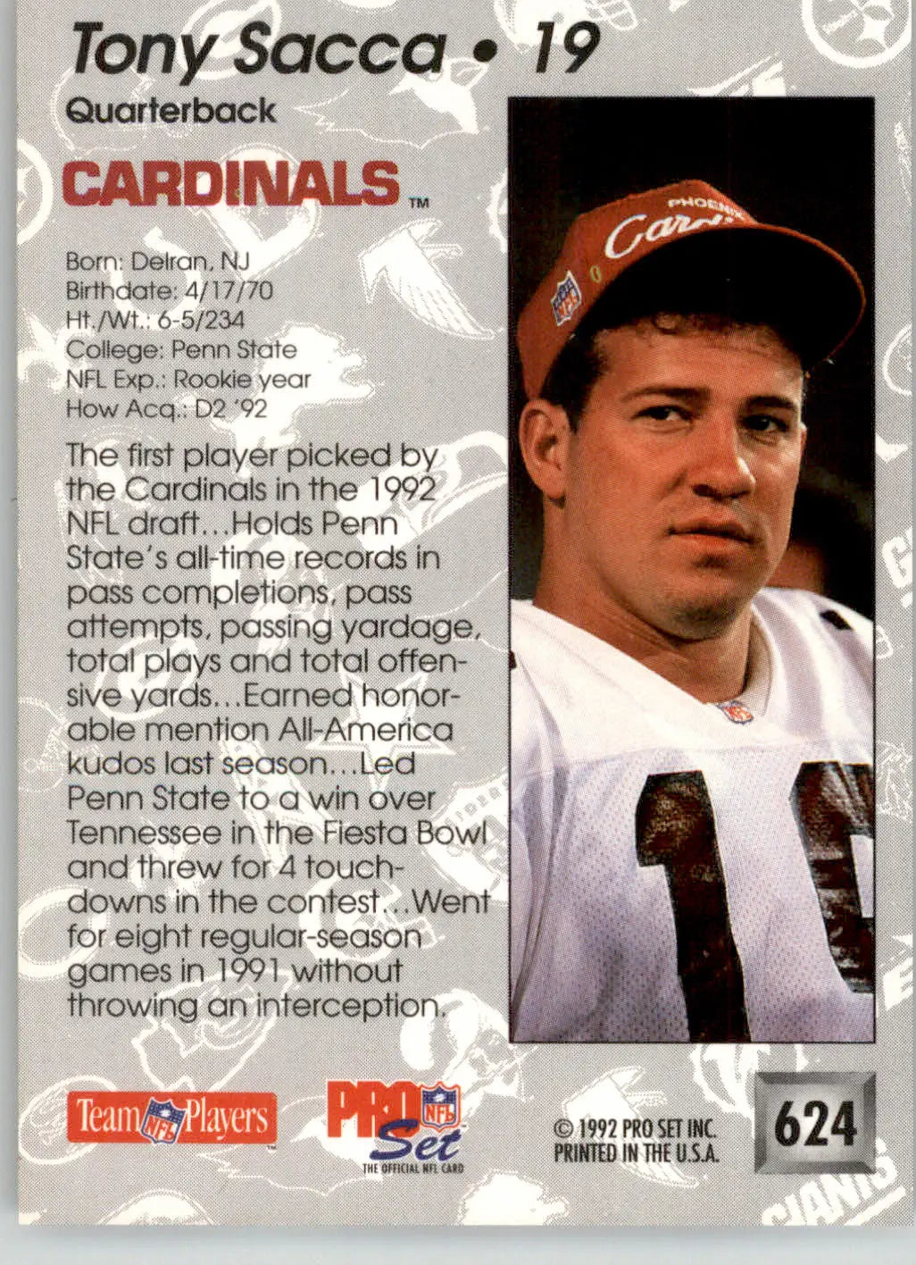 Tony Sacca - 1992 Pro Set - #624 - RC Football - Football Card Single