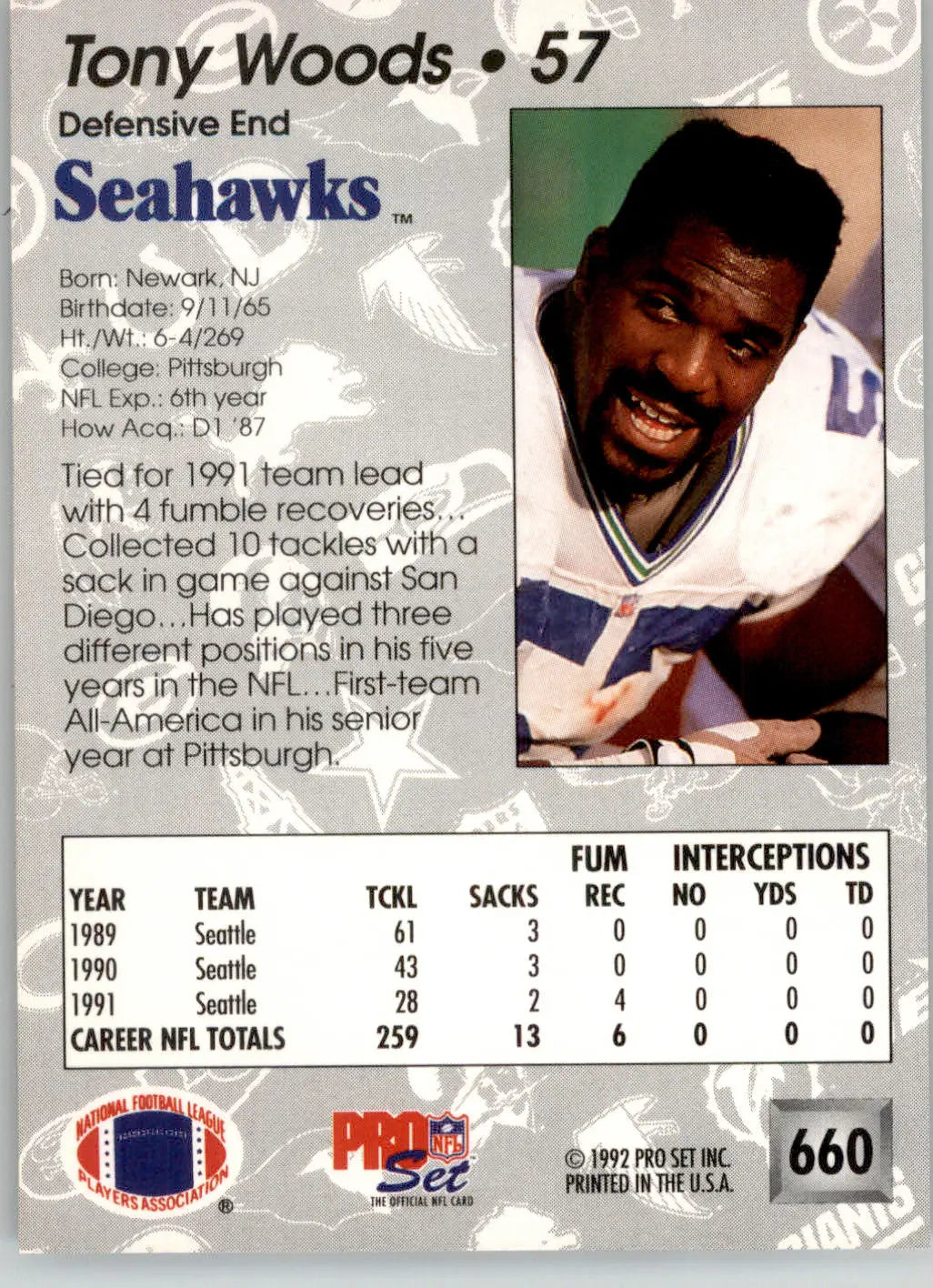 Tony Woods - 1992 Pro Set - #660 - Football - Football Card Single