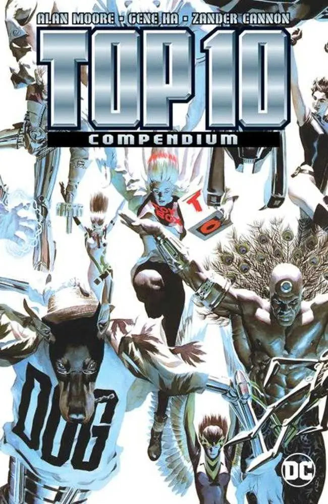 Comic book cover of Top 10 Compendium featuring superhero characters and trading cards