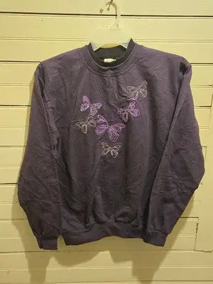 Top Stitch Crewneck Sweatshirt Womens M Purple Butterfly Embroidery Rhinestone - Apparel